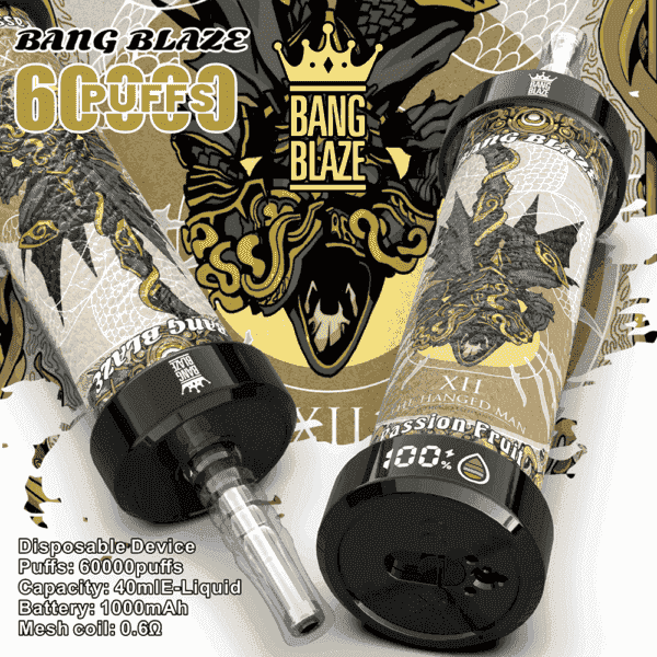 Two Bang Blaze disposable vape devices featuring ornate golden artwork and Medusa imagery, highlighted with product specifications and branding text.