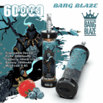 Promotional image for Bang Blaze disposable vape featuring two illustrated vape devices with dark fantasy artwork, a king logo, product details including 60,000 puffs and mixed berries flavor, and images of strawberries and blueberries.