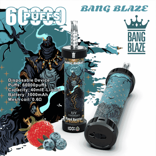 Promotional image for Bang Blaze disposable vape featuring two illustrated vape devices with dark fantasy artwork, a king logo, product details including 60,000 puffs and mixed berries flavor, and images of strawberries and blueberries.