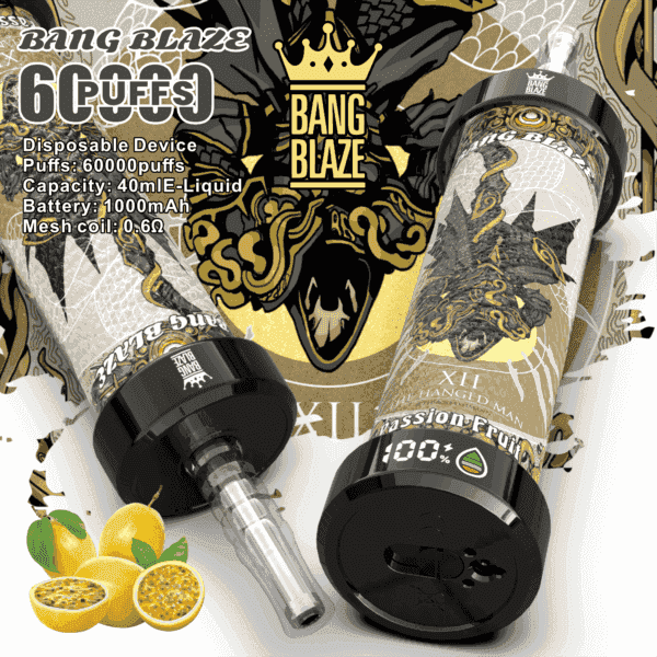 Two Bang Blaze disposable vape devices with intricate gold and black artwork, showing product details and a passion fruit flavor indication with fresh passion fruit in the foreground.