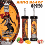 Promotional image for Bang Blaze disposable vape devices featuring a tattooed woman with red hair and sword, ornate orange and black artwork, two vape pens with matching designs, and illustrations of watermelon, mango, and peach to represent the peach mango watermelon flavor.
