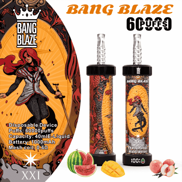 Promotional image for Bang Blaze disposable vape devices featuring a tattooed woman with red hair and sword, ornate orange and black artwork, two vape pens with matching designs, and illustrations of watermelon, mango, and peach to represent the peach mango watermelon flavor.