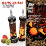 Bang Blaze disposable vape devices with fantasy Empress-themed artwork, labeled Strawberry Kiwi flavor, placed beside a strawberry and a sliced kiwi, and featuring product specifications for 60,000 puffs, 40ml e-liquid, and 1000mAh battery.