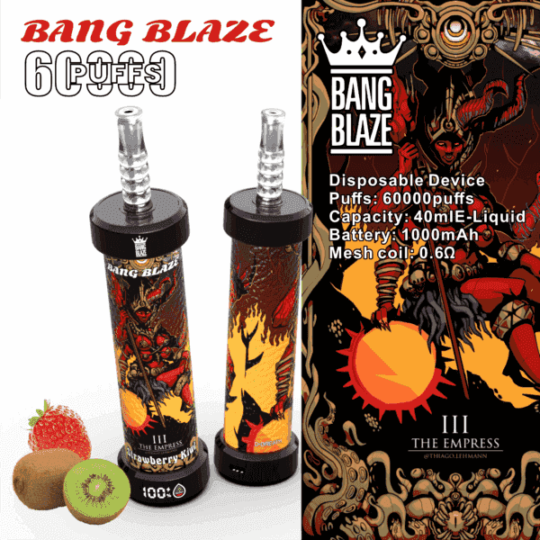 Bang Blaze disposable vape devices with fantasy Empress-themed artwork, labeled Strawberry Kiwi flavor, placed beside a strawberry and a sliced kiwi, and featuring product specifications for 60,000 puffs, 40ml e-liquid, and 1000mAh battery.
