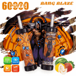 Colorful promotional image for Bang Blaze disposable vape featuring two illustrated vapes with fantasy artwork, surrounded by graphic icons for features like 6000 puffs, 40ml capacity, 1000mAh battery, and mesh coil, with fruit illustrations depicting watermelon, strawberry, and melon flavors.