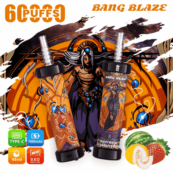 Colorful promotional image for Bang Blaze disposable vape featuring two illustrated vapes with fantasy artwork, surrounded by graphic icons for features like 6000 puffs, 40ml capacity, 1000mAh battery, and mesh coil, with fruit illustrations depicting watermelon, strawberry, and melon flavors.