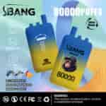Advertisement for SBang Bang Leader disposable vape featuring two blue and yellow devices, highlighting 80,000 puffs, three flavors (blueberry ice, black dragon ice, mango peach), Type-C charging, dual mesh, and a nicotine warning at the bottom.