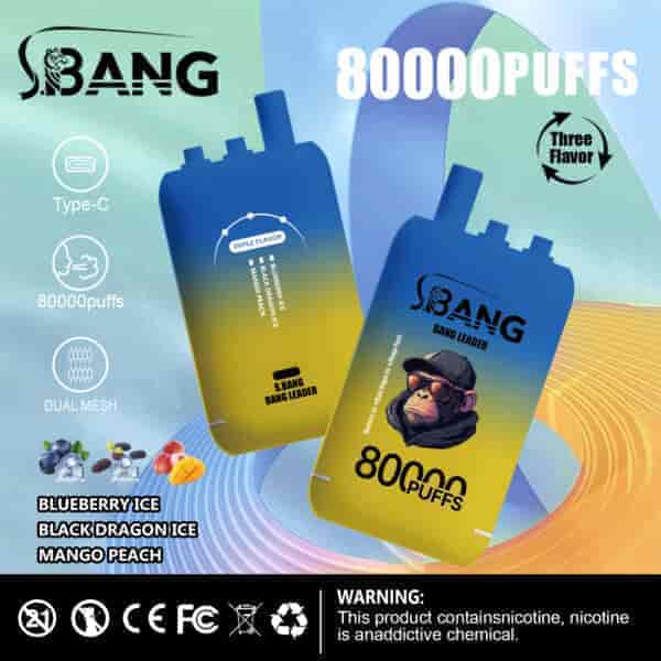 Advertisement for SBang Bang Leader disposable vape featuring two blue and yellow devices, highlighting 80,000 puffs, three flavors (blueberry ice, black dragon ice, mango peach), Type-C charging, dual mesh, and a nicotine warning at the bottom.