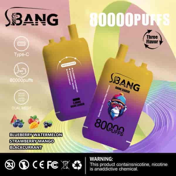 Promotional image for S.Bang Bang Leader disposable vape featuring two vape devices, text highlighting 80,000 puffs, triple flavors (blueberry watermelon, strawberry mango, blackcurrant), and product features like Type-C charging and dual mesh.