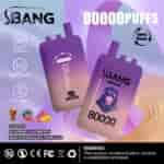 Promotional graphic for SBANG disposable vape devices, showing two purple gradient vapes with features like 80,000 puffs, USB Type-C charging, triple flavor options including cola ice, blueberry raspberry, and peach mango watermelon, surrounded by related fruit images and a nicotine warning label.