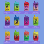 Twelve colorful Bang disposable vape devices, each labeled with different flavors and a cartoon character, arranged in three rows on a blue background; flavor names such as watermelon ice, raspberry mojito, blueberry watermelon, and red bull are listed beneath each device.