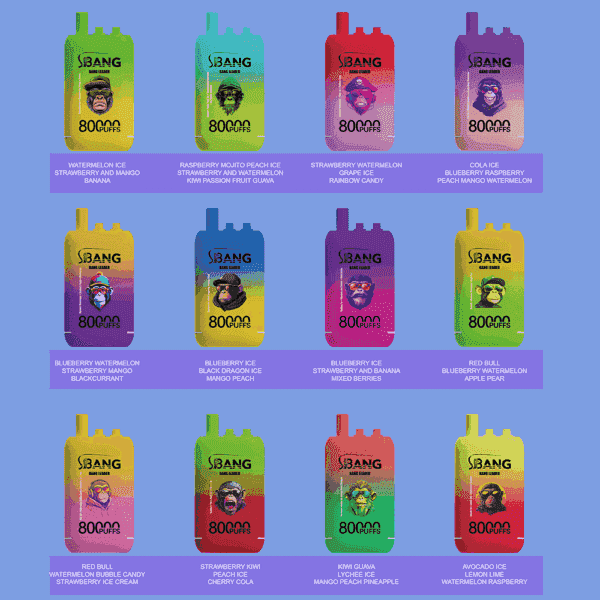 Twelve colorful Bang disposable vape devices, each labeled with different flavors and a cartoon character, arranged in three rows on a blue background; flavor names such as watermelon ice, raspberry mojito, blueberry watermelon, and red bull are listed beneath each device.