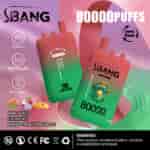 Promotional image for SBANG disposable vapes showing two colorful vape devices with a cartoon ape, advertising 80,000 puffs, three flavors (kiwi guava, lychee ice, mango peach pineapple), Type-C charging, dual mesh technology, and a nicotine warning.