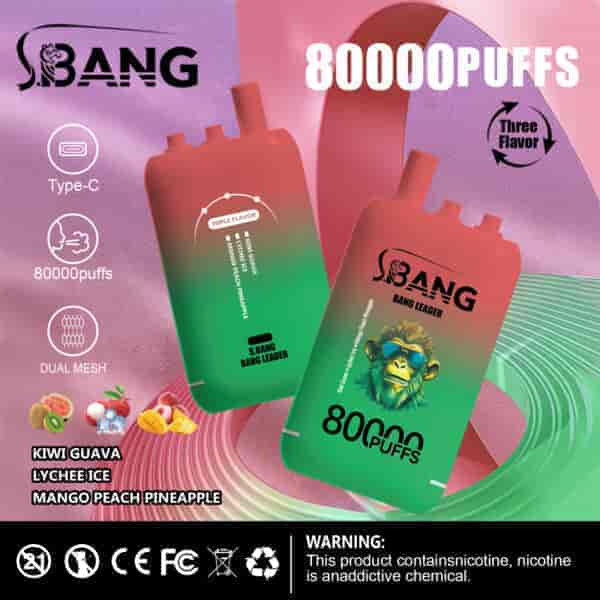 Promotional image for SBANG disposable vapes showing two colorful vape devices with a cartoon ape, advertising 80,000 puffs, three flavors (kiwi guava, lychee ice, mango peach pineapple), Type-C charging, dual mesh technology, and a nicotine warning.