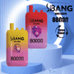 Promotional image featuring two brightly colored BANG Leader disposable vapes with illustrated monkeys wearing headphones, each device labeled '8000 puffs' and highlighted flavors, set against a modern blue and white abstract background with product branding and 'Three Flavor' text.