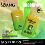 Advertisement for SBANG Bang Leader disposable vape devices featuring 80,000 puffs, three flavors (Red Bull, blueberry watermelon, apple pear), Type-C charging, and a warning about nicotine content.
