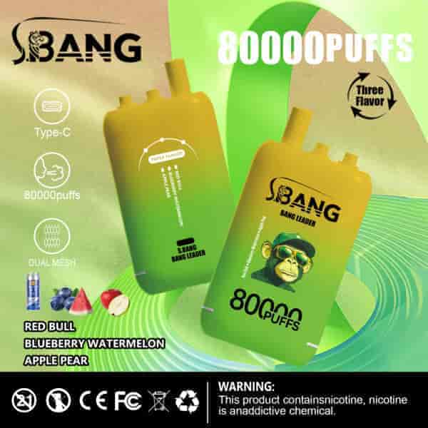 Advertisement for SBANG Bang Leader disposable vape devices featuring 80,000 puffs, three flavors (Red Bull, blueberry watermelon, apple pear), Type-C charging, and a warning about nicotine content.