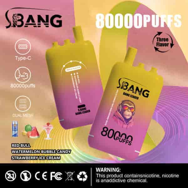 Advertisement for SBANG Bang Leader vape device featuring two gradient yellow and pink vapes, highlights such as 80,000 puffs, three flavors (Red Bull, Watermelon Bubble Candy, Strawberry Ice Cream), Type-C charging, dual mesh, and a nicotine warning on a colorful abstract background.