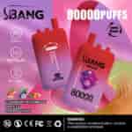 Promotional image for SBANG disposable vape, featuring two red and purple gradient devices labeled 'Bang Leader' with 80,000 puffs, highlighting triple flavor (strawberry watermelon, grape ice, and rainbow candy), Type-C charging, dual mesh, and a health warning about nicotine.
