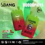 Colorful promotional image for SBANG Bang Leader vape featuring two devices, info about 80,000 puffs, Type-C charging, dual mesh, three flavors (strawberry kiwi, peach ice, cherry cola), and a nicotine warning at the bottom.
