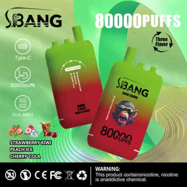 Colorful promotional image for SBANG Bang Leader vape featuring two devices, info about 80,000 puffs, Type-C charging, dual mesh, three flavors (strawberry kiwi, peach ice, cherry cola), and a nicotine warning at the bottom.