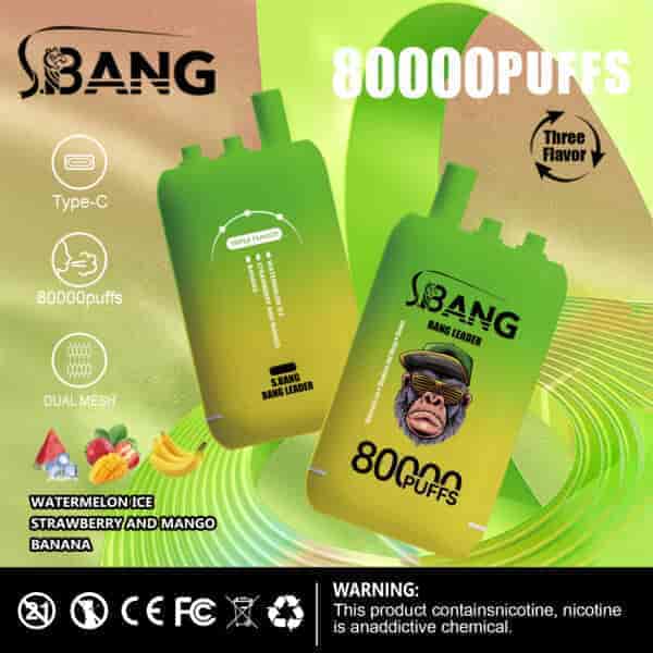Promotional image for SBang Bang Leader disposable vape devices with a green and yellow gradient design, advertising 80,000 puffs, triple flavor feature (watermelon ice, strawberry and mango, banana), and Type-C charging, along with various icons and a nicotine warning.