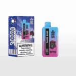 Bang King disposable vape device and packaging in a blue-to-pink gradient design, featuring a bulldog illustration, product branding, and a nicotine addiction warning; flavor indicated as Blueberry Ice and Black Dragon Ice with images of blueberries and black fruits.