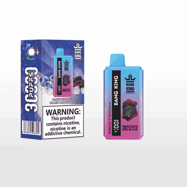 Bang King disposable vape device and packaging in a blue-to-pink gradient design, featuring a bulldog illustration, product branding, and a nicotine addiction warning; flavor indicated as Blueberry Ice and Black Dragon Ice with images of blueberries and black fruits.