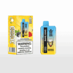 Bang King vape device and packaging with blueberry, strawberry, and banana flavors, featuring a cartoon monkey wearing a hat and a nicotine warning label.