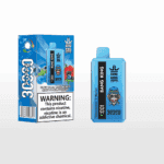 Blue Bang King disposable vape device and packaging labeled 'Blueberry Raspberry Mixed Mouldy Fruit,' featuring fruit illustrations and a warning about nicotine addiction.