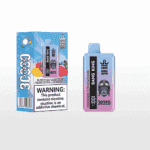 Bang King vape packaging and device featuring blueberry, raspberry, peach, mango, and watermelon flavors, with a large warning about nicotine addiction and a gorilla wearing aviator goggles illustration on the device.