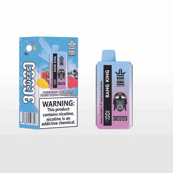 Bang King vape packaging and device featuring blueberry, raspberry, peach, mango, and watermelon flavors, with a large warning about nicotine addiction and a gorilla wearing aviator goggles illustration on the device.