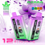 Two pastel-colored Bang King disposable vape devices with a gorilla wearing a Santa hat and sunglasses on the label, surrounded by purple flowers and promotional text highlighting 3000 puffs and 12 flavors.