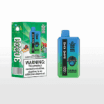 Bang King disposable vape package and device in blue and green, featuring the flavors Red Bull, Blueberry, and Watermelon, a cartoon monkey logo, and a nicotine warning label.