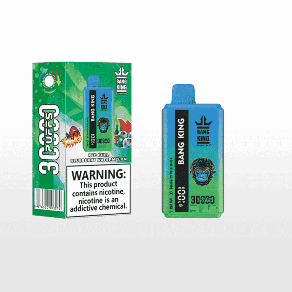 Bang King disposable vape package and device in blue and green, featuring the flavors Red Bull, Blueberry, and Watermelon, a cartoon monkey logo, and a nicotine warning label.