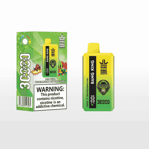 Bang King disposable vape device and packaging labeled Red Bull Watermelon Bubble Candy flavor, with a large nicotine warning and colorful graphics including a cartoon green face and fruit images.