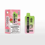 Bang King disposable vape device and packaging labeled 'Strawberry Kiwi Peach Ice' with a cartoon monkey logo, colorful green and pink gradient design, and a nicotine addiction warning.