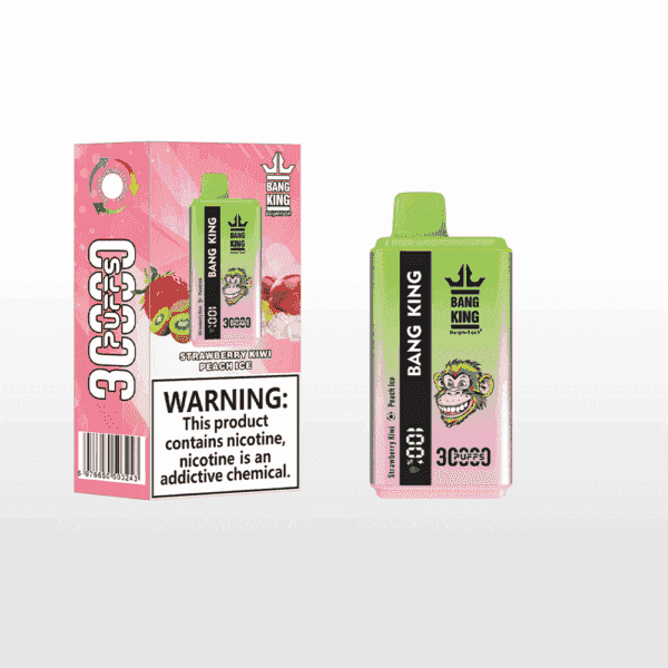 Bang King disposable vape device and packaging labeled 'Strawberry Kiwi Peach Ice' with a cartoon monkey logo, colorful green and pink gradient design, and a nicotine addiction warning.