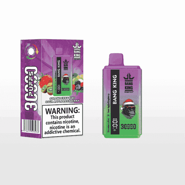 Strawberry Kiwi, Sour Apple Raspberry flavored Bang King disposable vape with purple and green packaging, featuring a gorilla wearing a Santa hat and a nicotine warning label.
