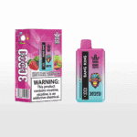 Bang King branded vape packaging and device in pink and blue gradient with a monkey wearing headphones, featuring a warning label about nicotine and images of various fruits including strawberry, watermelon, kiwi, and guava.