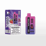 Bang King disposable vape packaging and device with strawberry, watermelon, and grape ice flavor, showing fruit images and a nicotine warning label.