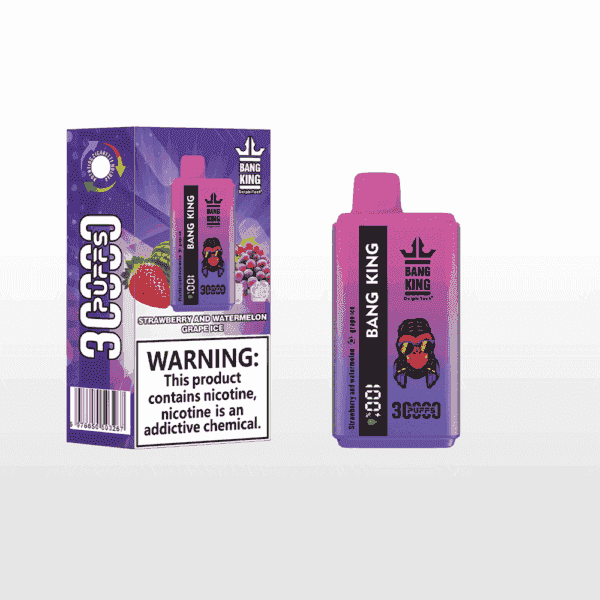 Bang King disposable vape packaging and device with strawberry, watermelon, and grape ice flavor, showing fruit images and a nicotine warning label.