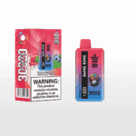 Bang King vape device and packaging in shades of red and blue, featuring a stylized gorilla with sunglasses, labeled watermelon ice and blueberry mint flavor, with a nicotine warning label.