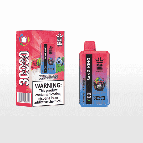 Bang King vape device and packaging in shades of red and blue, featuring a stylized gorilla with sunglasses, labeled watermelon ice and blueberry mint flavor, with a nicotine warning label.