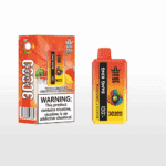 Bang King disposable vape device and packaging featuring a colorful ape logo, labeled flavor watermelon ice, strawberry and mango, with a nicotine addiction warning on the box.