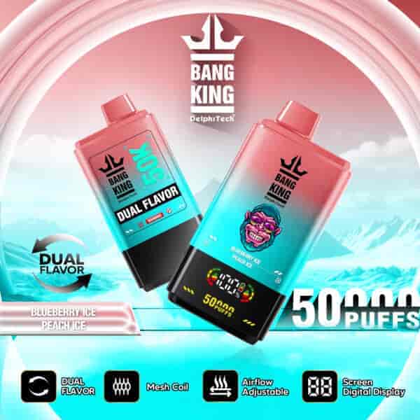 Advertisement featuring two Bang King vape devices with dual flavor options (Blueberry Ice and Peach Ice), highlighting features like mesh coil, adjustable airflow, and digital screen, set against a blue icy-themed background with a prominent '50,000 puffs' label.