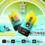 Promotional image for BANG KING DelphTech dual flavor vape device featuring two devices with Blueberry Ice and Peach Mango Watermelon flavors, highlighting 50,000 puffs, mesh coil, adjustable airflow, and digital display, set against an icy mountain background.