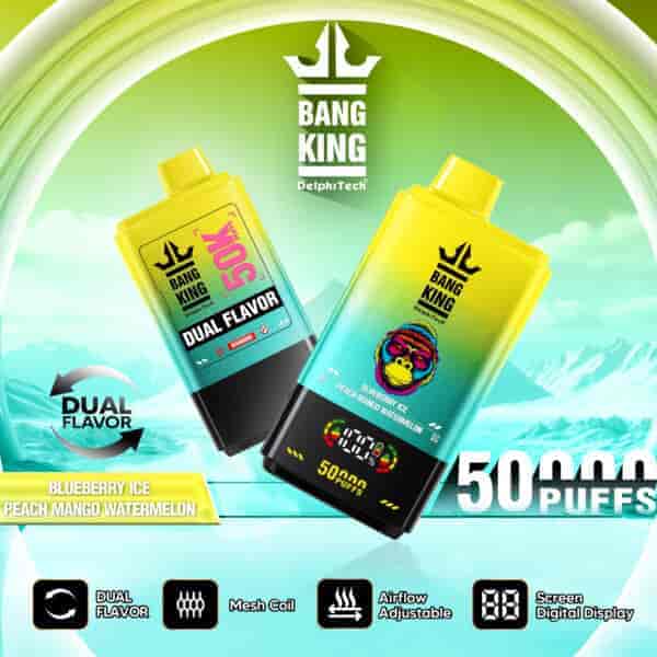Promotional image for BANG KING DelphTech dual flavor vape device featuring two devices with Blueberry Ice and Peach Mango Watermelon flavors, highlighting 50,000 puffs, mesh coil, adjustable airflow, and digital display, set against an icy mountain background.