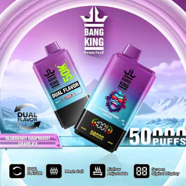 Promotional image for Bang King DelphTech vape featuring two purple-blue gradient devices labeled 'Dual Flavor' and 'Blueberry Raspberry Grape Ice,' with graphics highlighting 50,000 puffs, adjustable airflow, mesh coil, dual flavor capability, and a digital screen display, set against a snowy mountain background.