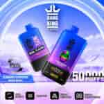 Promotional image for Bang King DelphTech vape device featuring dual flavor options with blueberry raspberry and mixed berry, showing two devices with digital displays, 50,000 puff capacity, and icons highlighting dual flavor, mesh coil, adjustable airflow, and screen display features.